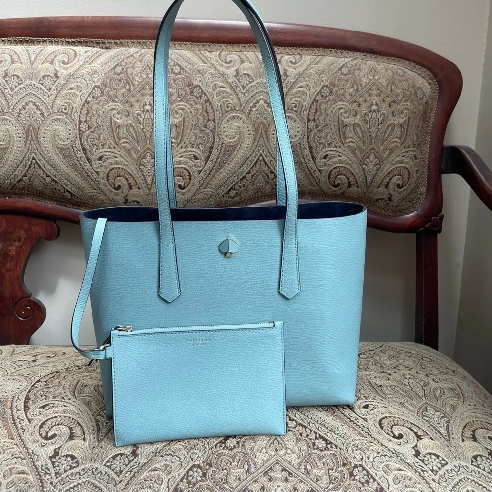Kate Spade Light Blue Molly Cabana Tote Bag & Pouch Metal Spade Logo
